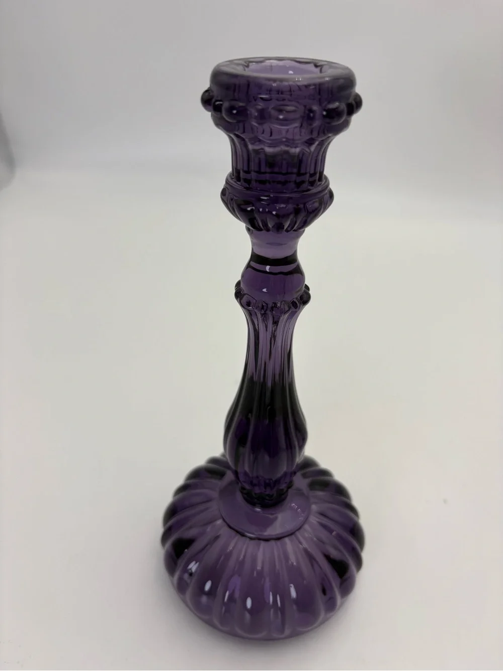 Gorgeous Amethyst Vintage-Style Ornate Glass Candlestick - 9.5” tall